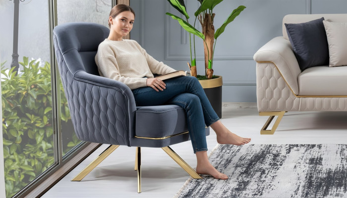 Blauer Einsitzer Designer Einrichtung Edelstahlsessel Wohnzimmer Möbel