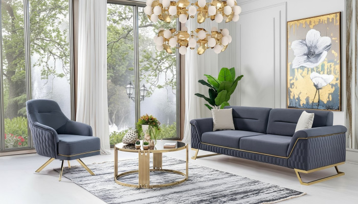 Blaue Wohnzimmer Sitzgarnitur Designer Ecksofa Luxus Moderner Sessel