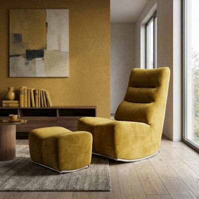Luxus Gelb Komplett Sessel mit Hocker Sitzmöbel Wohnzimmer Designer Textil
