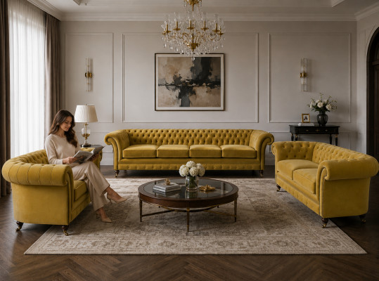 Luxus Gelb Chesterfield Sofas Wohnzimmer Set 3tlg Sessel Modern Polstermöbel