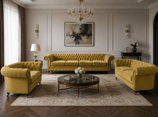 Luxus Gelb Chesterfield Sofas Wohnzimmer Set 3tlg Sessel Modern Polstermöbel