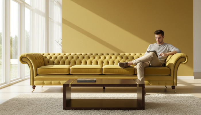 Viersitzer Sofa Couch Gelb Möbel Wohnzimmer Polstermöbel Chesterfield Neu