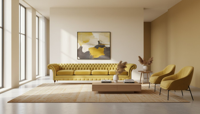 Viersitzer Sofa Couch Gelb Möbel Wohnzimmer Polstermöbel Chesterfield Neu