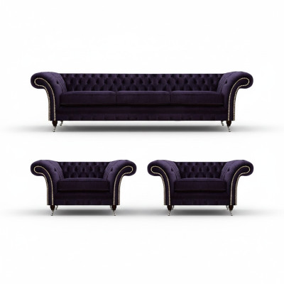 Wohnzimmer Luxus Set 3tlg Einrichtung Lila Komplett Polstermöbel Chesterfield