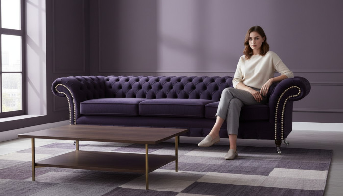 Design Chesterfield Wohnzimmer Dreisitzer Sofa Couch Lila Polstermöbel