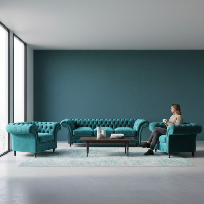 Design Chesterfield Sofagarnitur Dreisitzer Couch Sofa Set 2x Sessel Polster