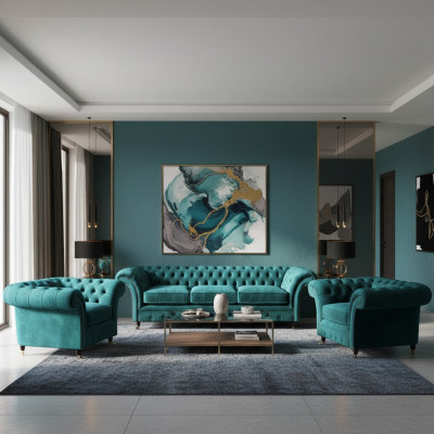 Design Chesterfield Sofagarnitur Dreisitzer Couch Sofa Set 2x Sessel Polster