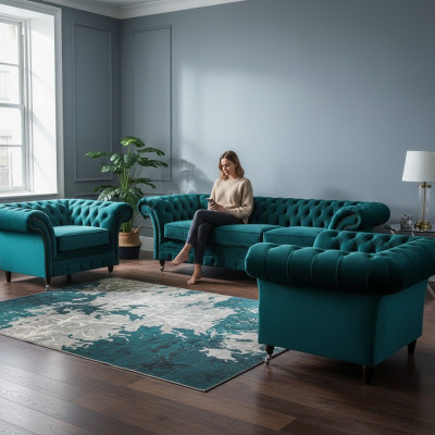 Grün Sofa Set 3tlg Wohnzimmer Chesterfield Polstermöbel Luxus Design Neu