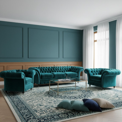 Grün Sofa Set 3tlg Wohnzimmer Chesterfield Polstermöbel Luxus Design Neu