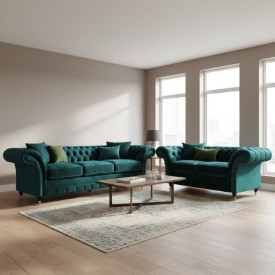 Chesterfield Luxus Design Einrichtung Grün Dreisitzer mit Zweisitzer Sofas