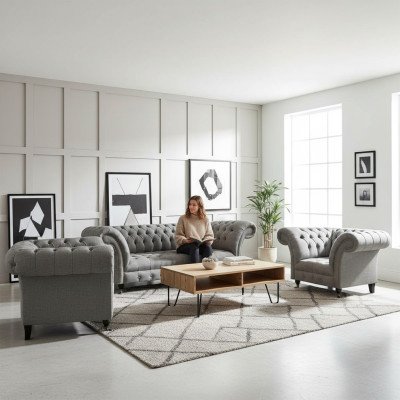 Wohnzimmer Set 3tlg Chesterfield Sofas Grau Textil Polstermöbel 2x Sessel