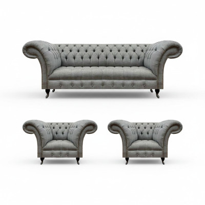 Wohnzimmer Set 3tlg Chesterfield Sofas Grau Textil Polstermöbel 2x Sessel