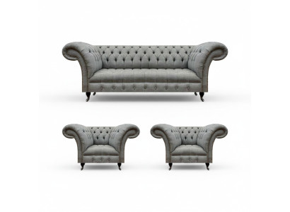 Wohnzimmer Set 3tlg Chesterfield Sofas Grau Textil Polstermöbel 2x Sessel