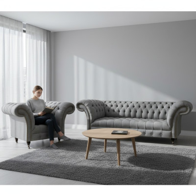 Grau Dreisitzer Couch Sofa Wohnzimmer Sessel Sitz Chesterfield Polstermöbel