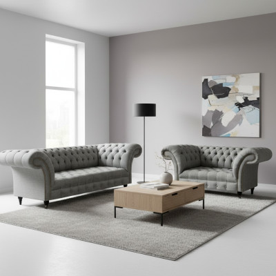 Chesterfield Grau Komplett Wohnzimmer Dreisitzer Sofa Luxus Sessel Neu