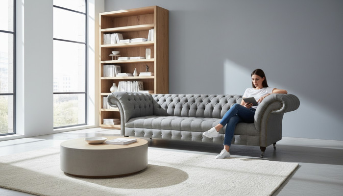 Wohnzimmer Luxus Grau Viersitzer Sofa Chesterfield Neu Polstermöbel