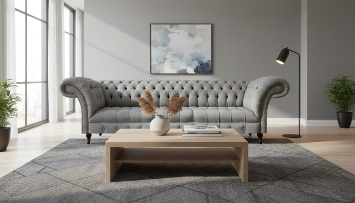Wohnzimmer Luxus Grau Viersitzer Sofa Chesterfield Neu Polstermöbel