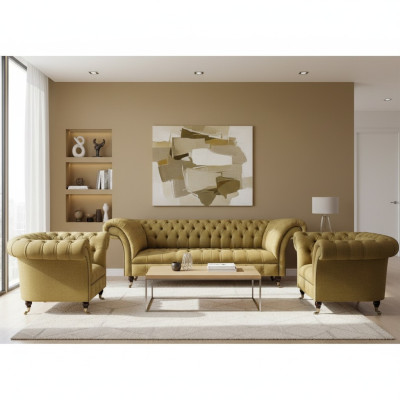 Gelb Wohnzimmer Set Komplett 2x Sessel Chesterfield Dreisitzer Sofa Couch
