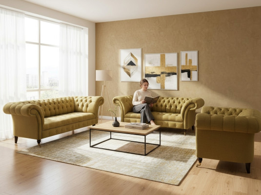 Wohnzimmer Gelb Sofagarnitur 3tlg Luxus Sofas Set Polster Sitz Neu Chesterfield