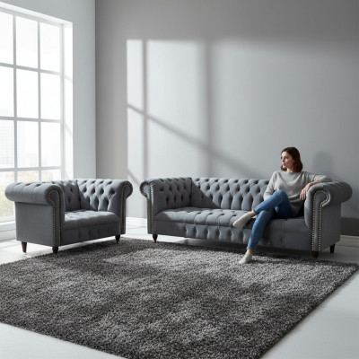 Wohnzimmer Komplett Dreisitzer Sofa Couch Sessel Luxus Einrichtung Chesterfield