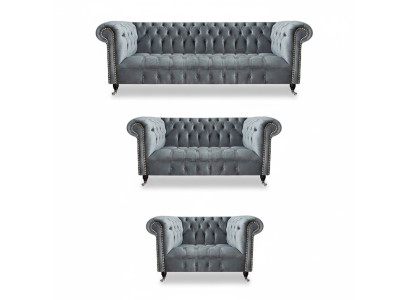 Luxus Set 3tlg Sofagarnitur Wohnzimmer Chesterfield Grau Einrichtung Neu