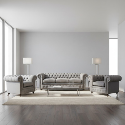 Grau Chesterfield Luxus Möbel Wohnzimmer Set 3tlg Sofas Textil Sessel
