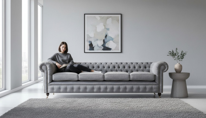 Chesterfield Viersitzer Grau Sofa Couch Wohnzimmer Einrichtung Neu Textil