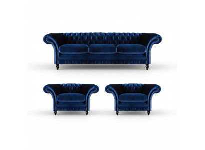 Blau Luxus Sofagarnitur Komplett 3tlg Einrichtung Textil Stoff Chesterfield