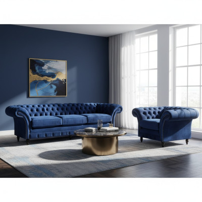Textil Stoff Design Sofa Polster Couch Blau Dreisitzer Sofa Sessel Chesterfield