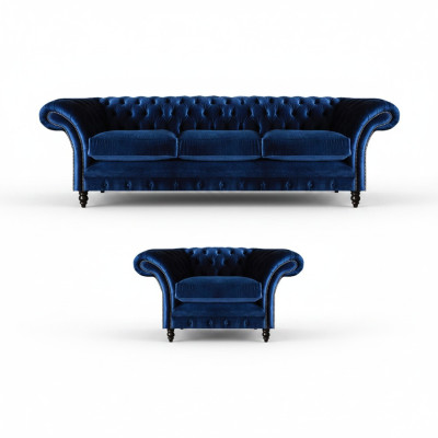 Textil Stoff Design Sofa Polster Couch Blau Dreisitzer Sofa Sessel Chesterfield