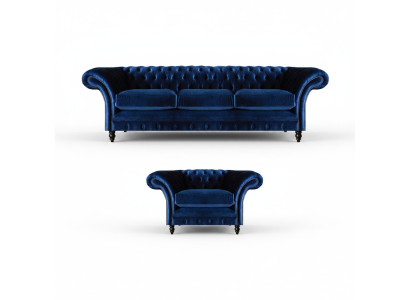 Textil Stoff Design Sofa Polster Couch Blau Dreisitzer Sofa Sessel Chesterfield
