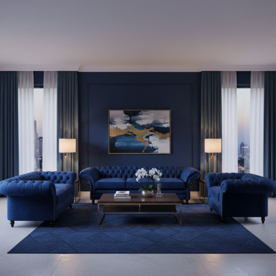 Luxus Design Neu Garnitur Wohnzimmer Blau Sofa Set 3tlg Einrichtung Chesterfield