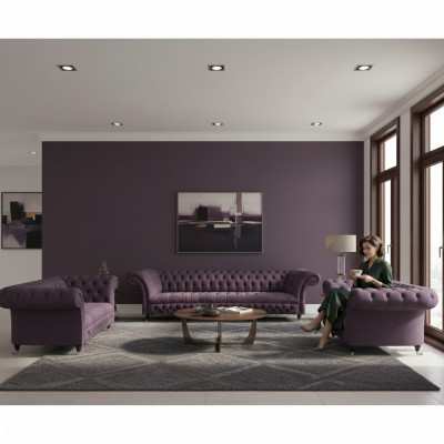 Luxus Lila Sofagarnitur Wohnzimmer Chesterfield Design Set 3tlg Polster Textil