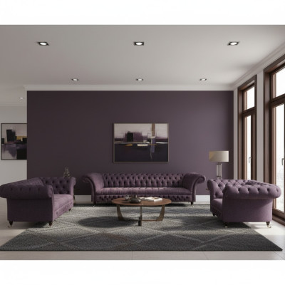 Luxus Lila Sofagarnitur Wohnzimmer Chesterfield Design Set 3tlg Polster Textil