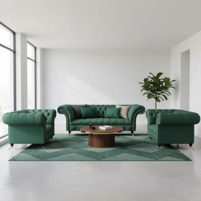 Komplett Set 3tlg Wohnzimmer 2x Sessel mit Dreisitzer Sofa Couch Chesterfield