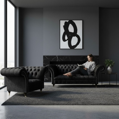 Schwarz Komplett Chesterfield Polstersitz Einrichtung Luxus Wohnzimmer