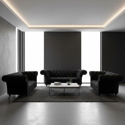 Luxus Schwarz Komplett Chesterfield Sofas Set Wohnzimmer Sessel Neu