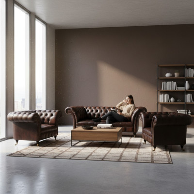 Luxus Braun Leder Sofa Set Wohnzimmer 2x Sessel Dreisitzer Couch Chesterfield
