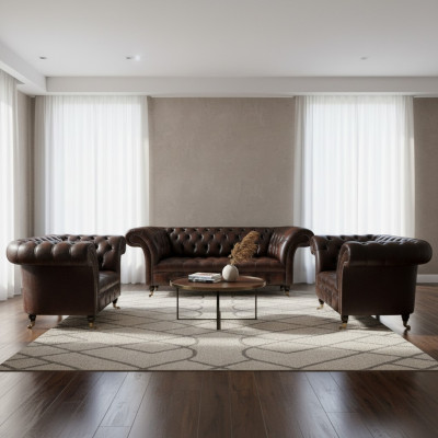 Luxus Braun Leder Sofa Set Wohnzimmer 2x Sessel Dreisitzer Couch Chesterfield