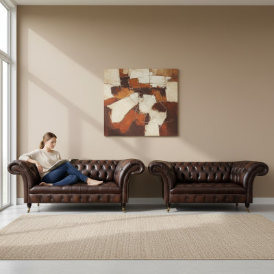 Chesterfield Braun Sofa Set Dreisitzer Sofa Couch Zweisitzer Wohnzimmer Neu