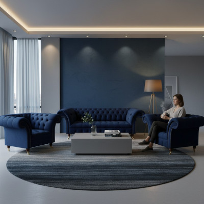 Wohnzimmer Set 3tlg Chesterfield Blau Luxus Dreisitzer Sofa 2x Sessel Neu