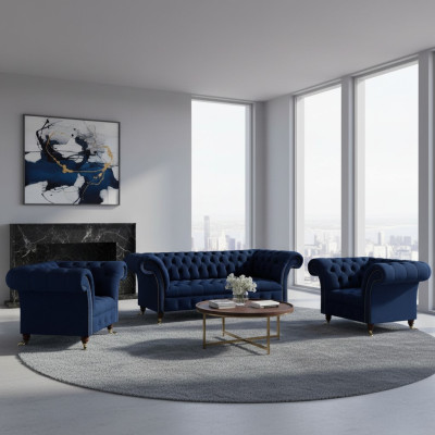 Wohnzimmer Set 3tlg Chesterfield Blau Luxus Dreisitzer Sofa 2x Sessel Neu