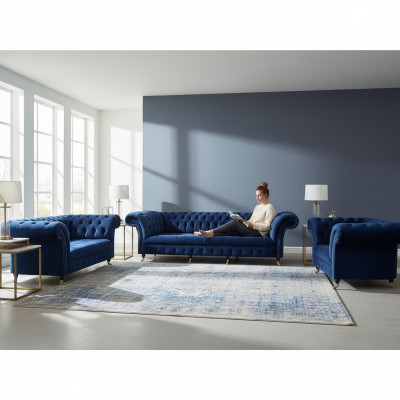 Wohnzimmer Set 3tlg Chesterfield Blau Textil Luxus Sofas Design Einrichtung
