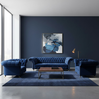 Wohnzimmer Set 3tlg Chesterfield Blau Textil Luxus Sofas Design Einrichtung