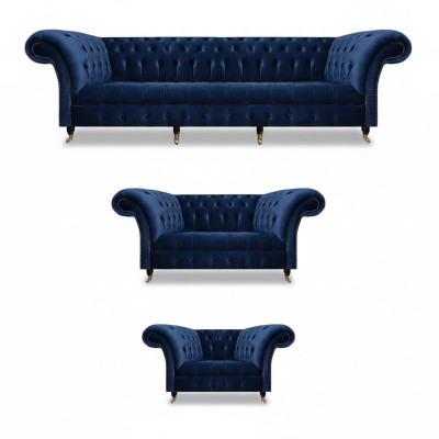 Wohnzimmer Set 3tlg Chesterfield Blau Textil Luxus Sofas Design Einrichtung