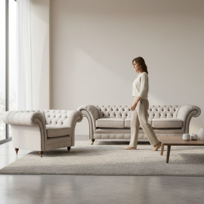 Grau Luxus Set Sofa Dreisitzer Couch Chesterfield Sessel Wohnzimmer