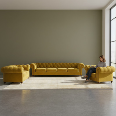 Luxus Gelb Komplett 4+2+1 Wohnzimmer Sessel Chesterfield Textil Polstermöbel