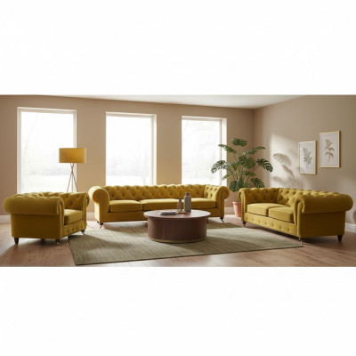 Luxus Gelb Komplett 4+2+1 Wohnzimmer Sessel Chesterfield Textil Polstermöbel