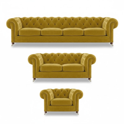 Luxus Gelb Komplett 4+2+1 Wohnzimmer Sessel Chesterfield Textil Polstermöbel