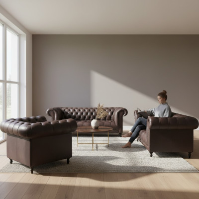 Wohnzimmer Set 3tlg Braun Leder Einrichtung Polstermöbel Chesterfield Neu